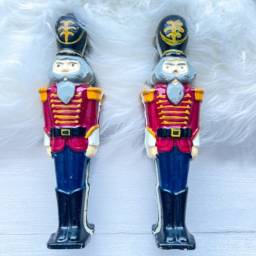 NUTCRACKER Toy Soldier VINTAGE Cast Iron Metal Hand Held Nutcracker 7" Set of 2